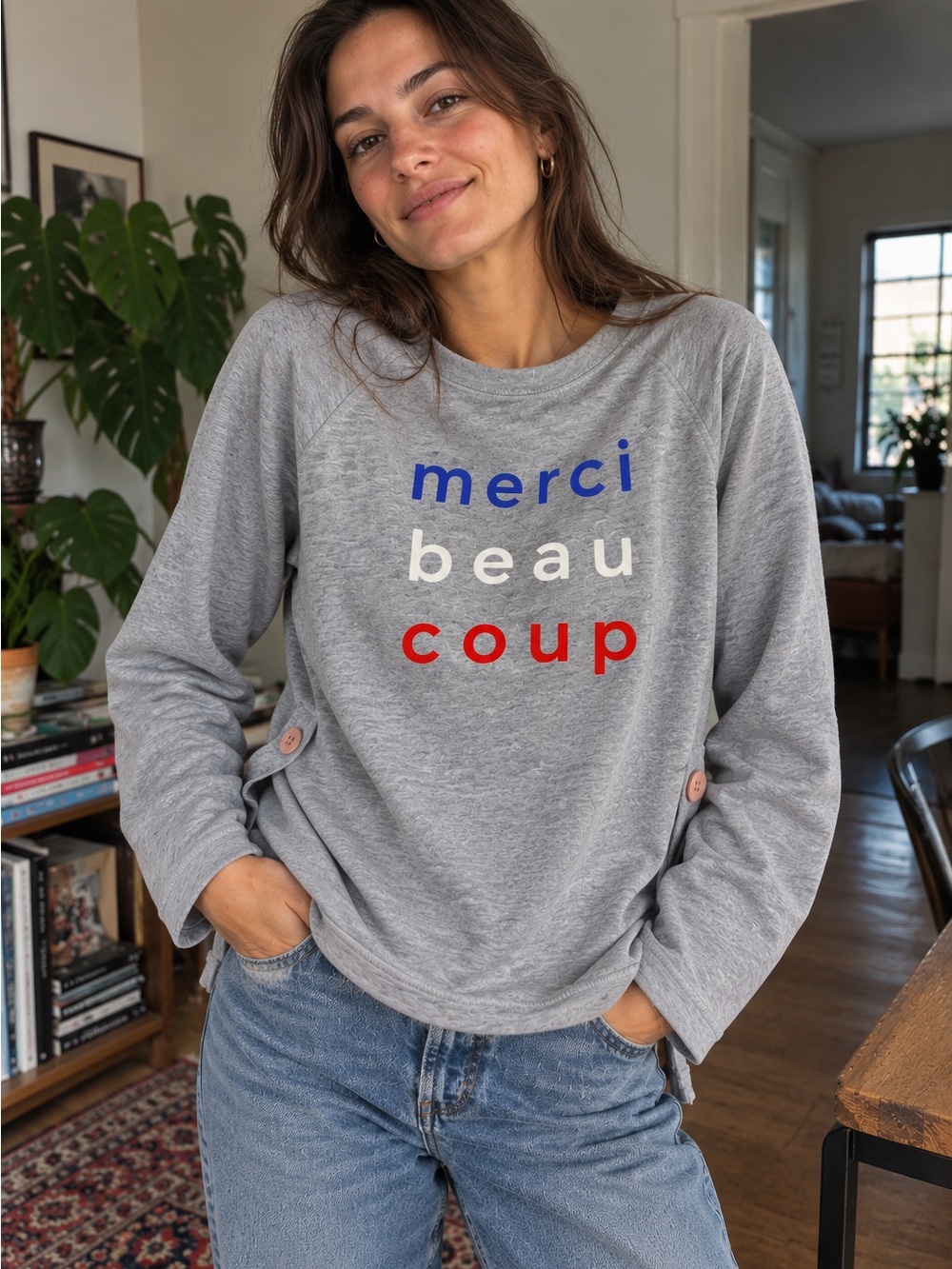 Sundry Merci Beaucoup Grey Sweatshirt Top Size 1 Small